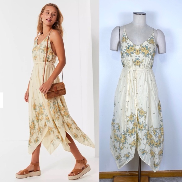 Urban Outfitters Floral Handkerchief Hem Midi Dress Butter Yellow Beige XS NWT - Picture 1 of 16